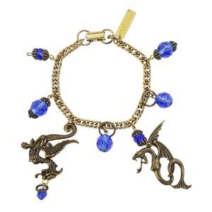 Read! Jan Michaels San Francisco Brass Dragon & Cobalt Glass Charm Bracelet 7.5”